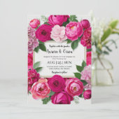 Botanische hete roze bloemen bruiloft uitnodiginge kaart (Staand voorkant)