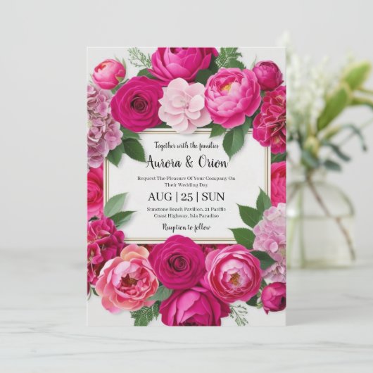 Botanische hete roze bloemen bruiloft uitnodiginge kaart (Staand voorkant)