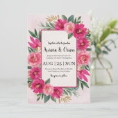 Botanische hete roze bloemen bruiloft uitnodiginge kaart (Staand voorkant)