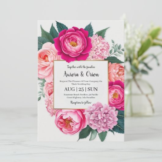 Botanische hete roze bloemen bruiloft uitnodiginge kaart (Staand voorkant)