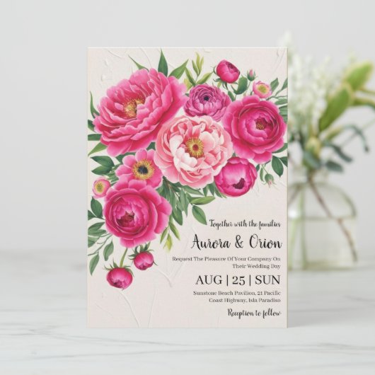 Botanische hete roze bloemen bruiloft uitnodiginge kaart (Staand voorkant)