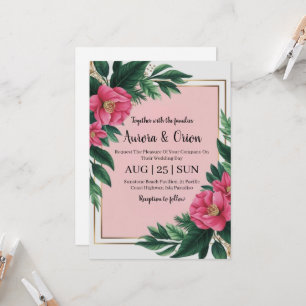 Botanische hete roze bloemen bruiloft uitnodiginge kaart