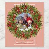 Botanische Holly Berries Foliage krans op roze Wijn Etiket (Enkel label)