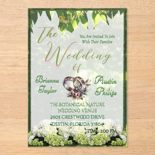 Botanische hortensia's in bloei bruiloft acryl uitnodigingen (Voorkant)