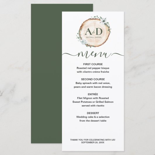 Botanische houten plak bruiloft diner menu (Voorkant / Achterkant)