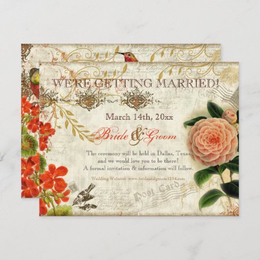 Botanische Hummingvogels Camellia Save the Date (Voorkant / Achterkant)