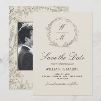 Botanische huwelijksuitnodiging met datum, foto in save the date