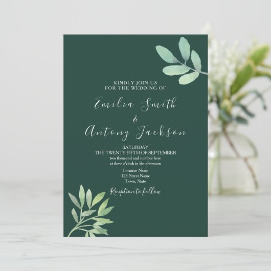 Botanische huwelijksuitnodiging met Emerald Green Kaart (Staand voorkant)