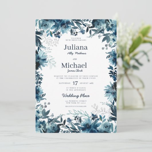 Botanische indigo waterverf bloemenbruiloft lijst kaart (Staand voorkant)
