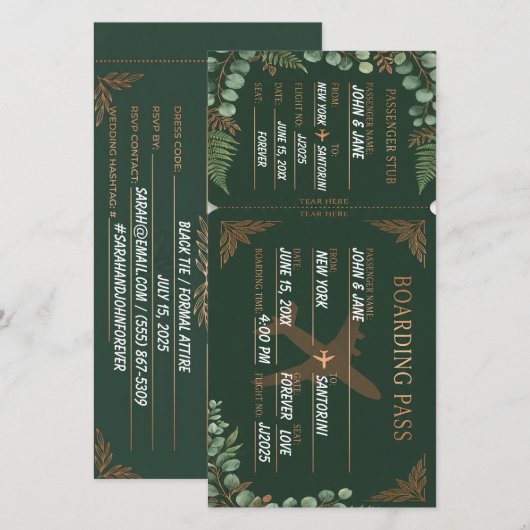 Botanische instapkaart bosgroen & koper save the date (Voorkant / Achterkant)
