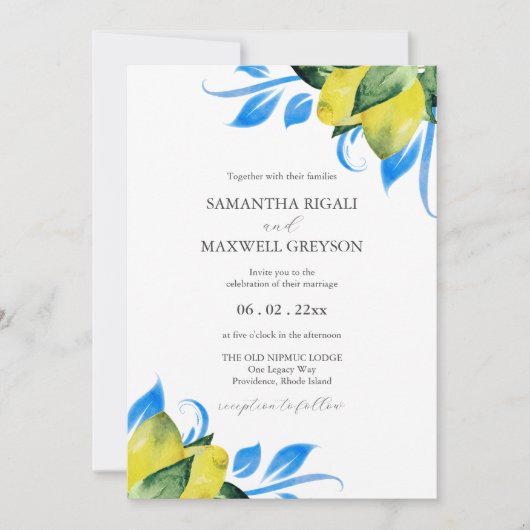 Botanische Italiaanse bruiloft citroenen Waterverf Kaart (Voorkant)