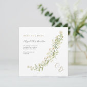 Botanische ivoor Gold Wilde Flowers Monogram Wedde Save The Date (Staand voorkant)