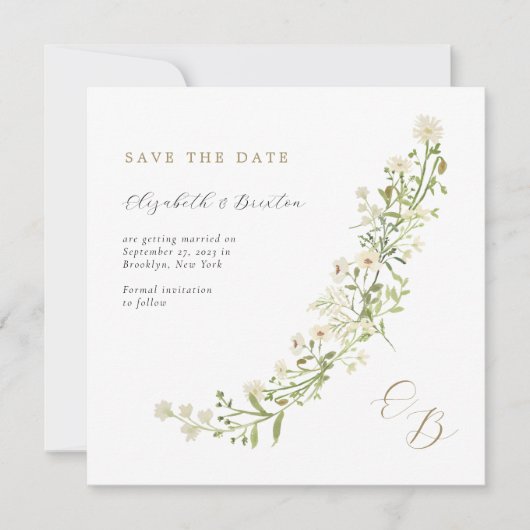 Botanische ivoor Gold Wilde Flowers Monogram Wedde Save The Date (Voorkant)