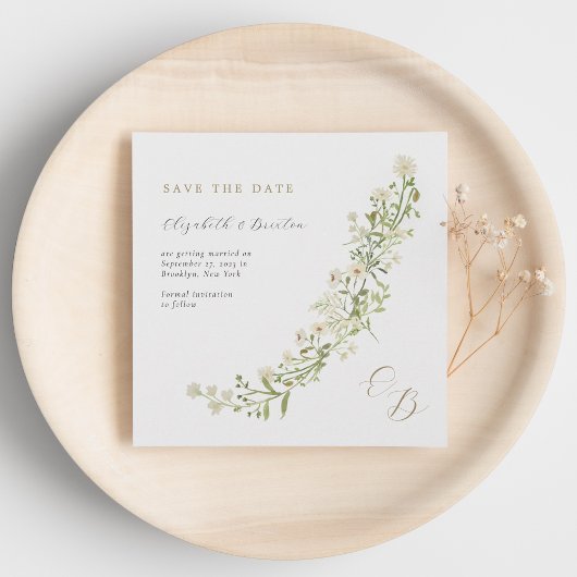 Botanische ivoor Gold Wilde Flowers Monogram Wedde Save The Date