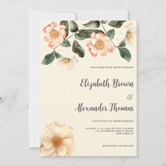 Botanische ivoor roze koraal groen bloemenbruiloft kaart (Voorkant)