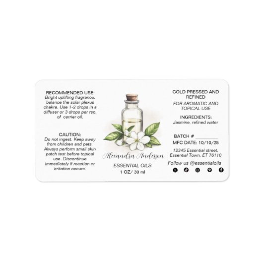 Botanische jasmijn etherische oliën Waterverf Etiket (Voorkant)