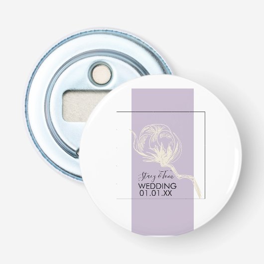 Botanische Katoenplant Lavendel Bruiloft    Button Flesopener (Voorkant)
