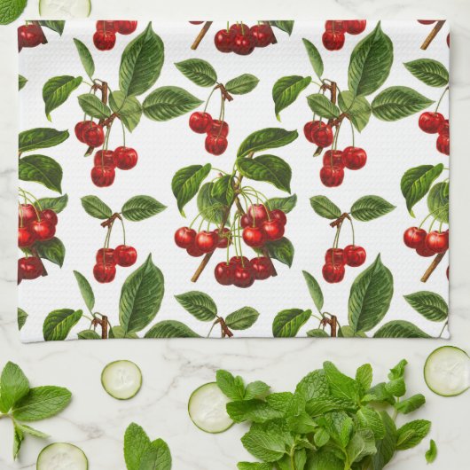 botanische kersen afdrukken op wit theedoek (Gevouwen)