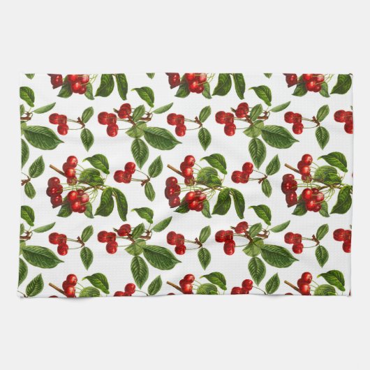  botanische kersen afdrukken op wit theedoek (Horizontaal)