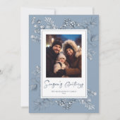 Botanische Kerst Blauwe Foto Feestdagenkaart (Voorkant)