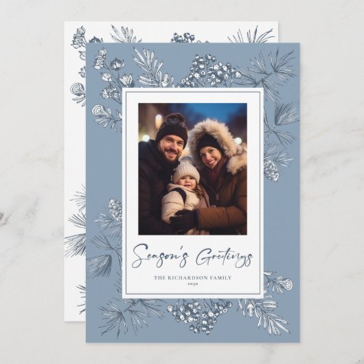 Botanische Kerst Blauwe Foto Feestdagenkaart (Voorkant / Achterkant)