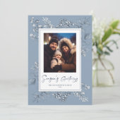 Botanische Kerst Blauwe Foto Feestdagenkaart (Staand voorkant)