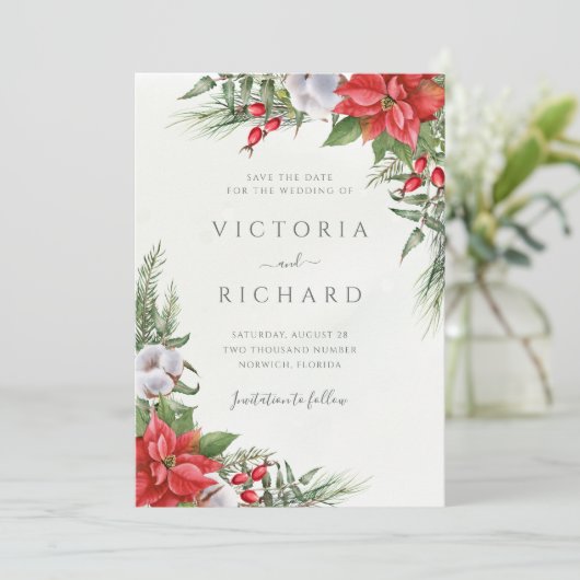 Botanische kerst in Poinsettia Winter Greenergy Save The Date (Staand voorkant)