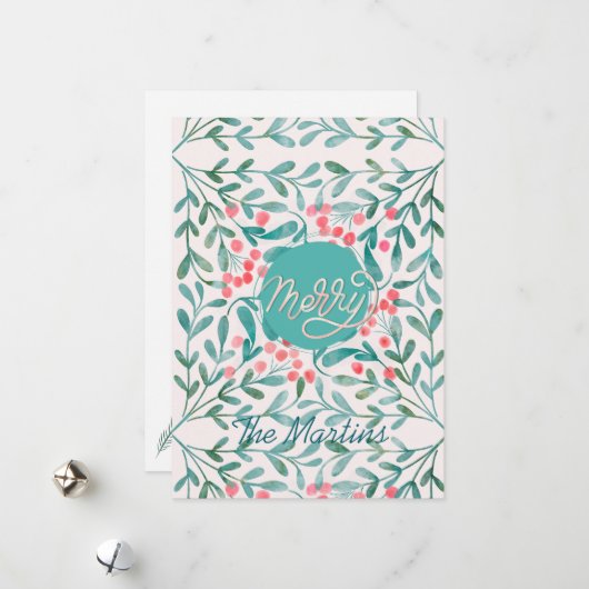 Botanische Kerst in rood en groen hand-lettering Feestdagenkaart (Voorkant / Achterkant in situ)