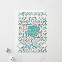 Botanische kerst in rood en groen met de hand gesc feestdagenkaart