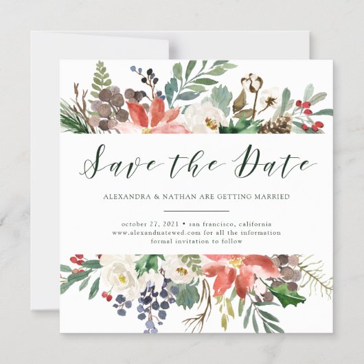 Botanische kerst | Vakantiedrager waarop de datum Magnetische Uitnodiging (Voorkant)