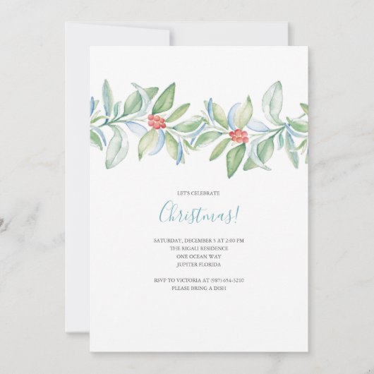 Botanische Kerst Waterkleur Uitnodiging (Voorkant)
