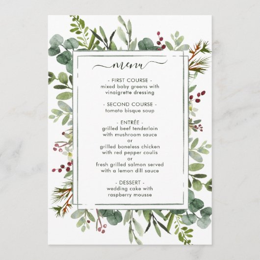 Botanische kerstfeestdag met Greenery Weddenschap Menu (Voorkant)