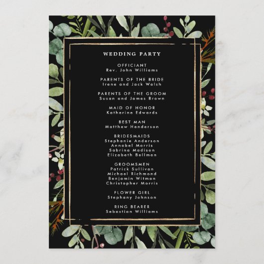 Botanische kerstfeestdag met groen huwelijk programmakaart (Achterkant)