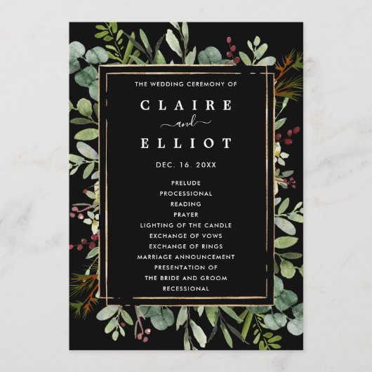 Botanische kerstfeestdag met groen huwelijk programmakaart (Voorkant)