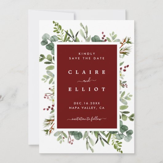 Botanische kerstfeestdag met groen kerstfeest Rood Save The Date (Voorkant)