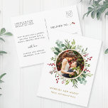 Botanische kerstgouden trouwdag en pretfoto's briefkaart<br><div class="desc">Deze foto kerst | Vakantische briefkaarten zijn geschilderd met waterverf eucalyptus,  groene bladeren,  rode bessen,  pijnboomtakken met een faux goudcirkel-lijst. Voor meer geavanceerde aanpassing van dit ontwerp,  te klikken gelieve de "pas verder"verbinding aan. Overeenkomende objecten zijn ook beschikbaar.</div>