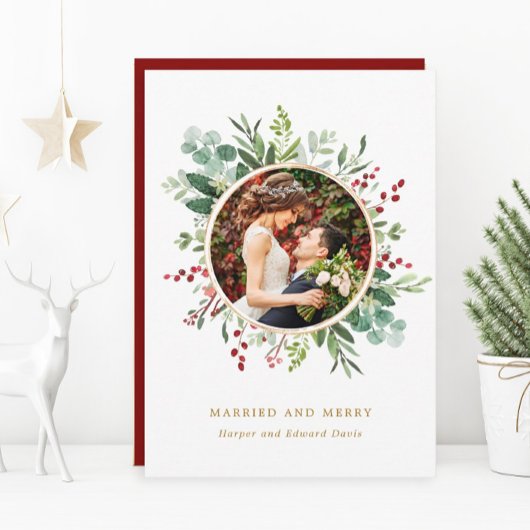 Botanische kerstgouden trouwdag en pretfoto's feestdagenkaart
