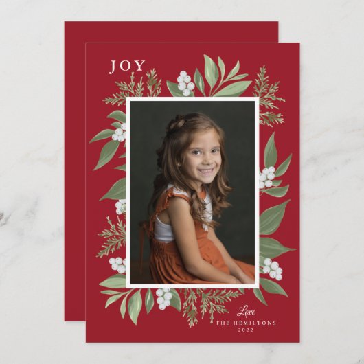 Botanische kerstkaart voor Lijst: rood Aankondiging (Voorkant / Achterkant)