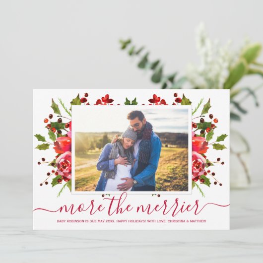 Botanische kerstkaarten met zwangerschapsduur aankondiging (Staand voorkant)