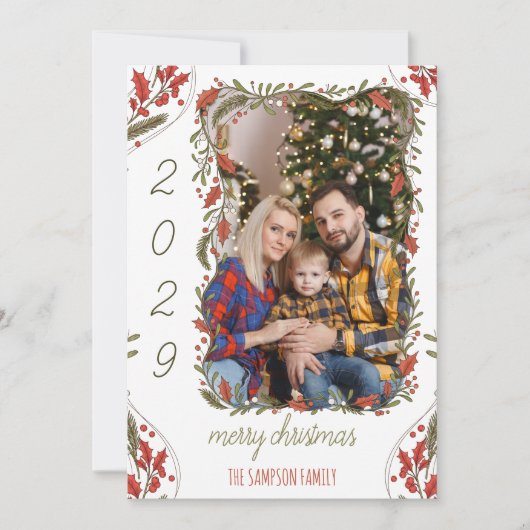 Botanische Kerstkrans – Custom 1 Familie Foto Feestdagenkaart (Voorkant)
