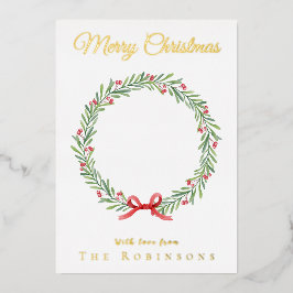 Botanische Kerstkrans Modern Gouden Script Folie Feestdagenkaart