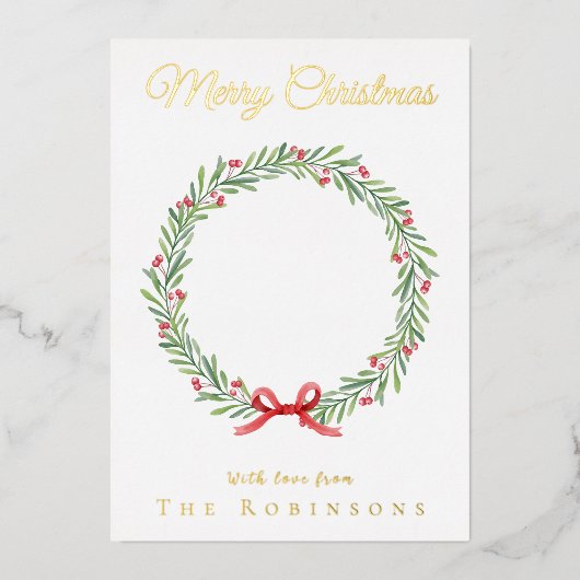 Botanische Kerstkrans Modern Gouden Script Folie Feestdagenkaart (Voorkant)