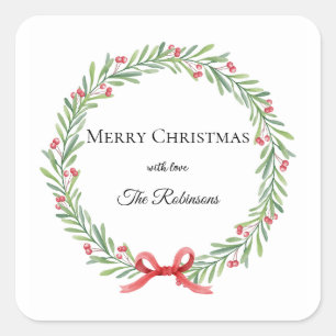 Botanische Kerstkrans Modern Schrift Vierkante Sticker