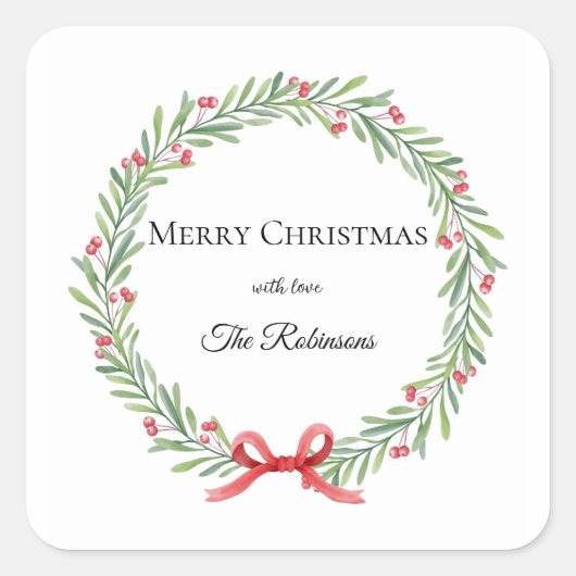 Botanische Kerstkrans Modern Schrift Vierkante Sticker (Voorkant)