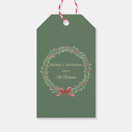 Botanische Kerstkrans Moderne Script Cadeaulabel (Voorkant)