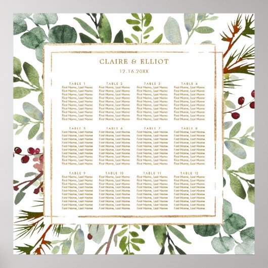 Botanische Kerstmis Gouden Huwelijksstoelenkaart Poster (Voorkant)