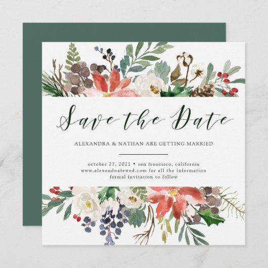 Botanische Kerstmis | Kerst Script Save the Date Kaart (Voorkant / Achterkant)