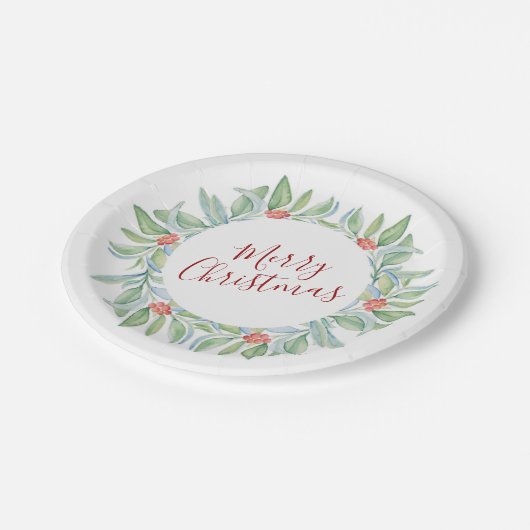 Botanische kerstrode en groene feestjes papieren bordje (Gekanteld)