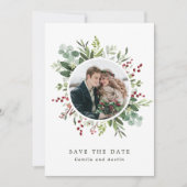 Botanische kerstwinter Weduwen Groene Foto Save The Date (Voorkant)