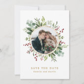 Botanische kerstwinterbruiloft Gold foto Save The Date (Voorkant)